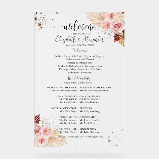 Frosted Acryl Boho Bruiloft Ceremonie Programma Te Bord (Voorkant)