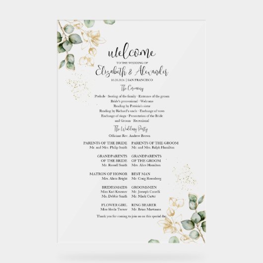 Frosted Acryl Sign | Programma huwelijksceremonie Acryl Bord (Voorkant)