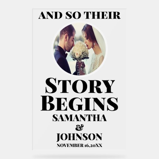 Frosted Acrylic Story Begint Huwelijk Welkom Teken Acryl Bord (Voorkant)