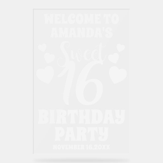 Frosted Acrylic Sweet 16 Welkomstbord Acryl Bord (Voorkant)