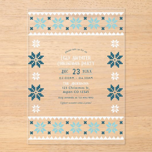 Frosted Aqua Ugly Sweater Christmas Party Acryl Uitnodigingen (Voorkant)