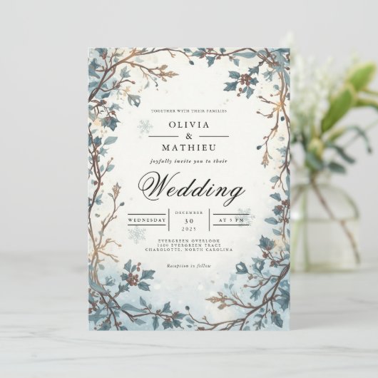 Frosted Berry Arch Winter Wedding Kaart (Staand voorkant)