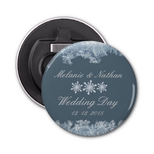 Frosted Blauw Winter Bruiloft Custom Button Flesopener (Voorkant)
