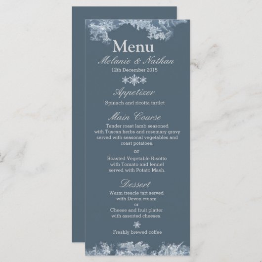 Frosted Blauw Winter Bruiloft Custom Menu (Voorkant / Achterkant)