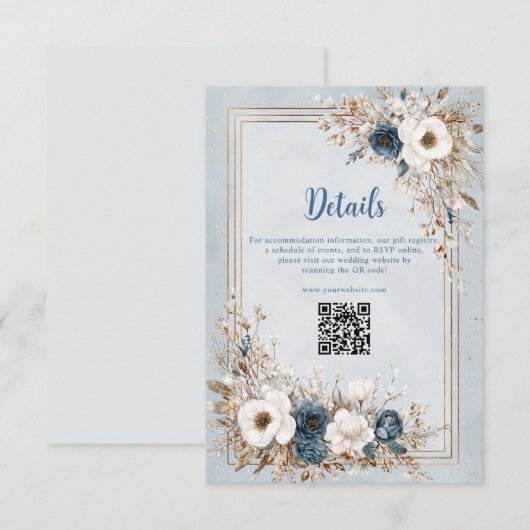 Frosted Bloom Dusty Blue and Gold Wedding Informatiekaartje (Voorkant / Achterkant)