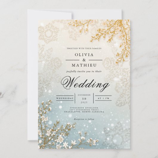 Frosted Bloom Winter Romance Wedding Kaart (Voorkant)
