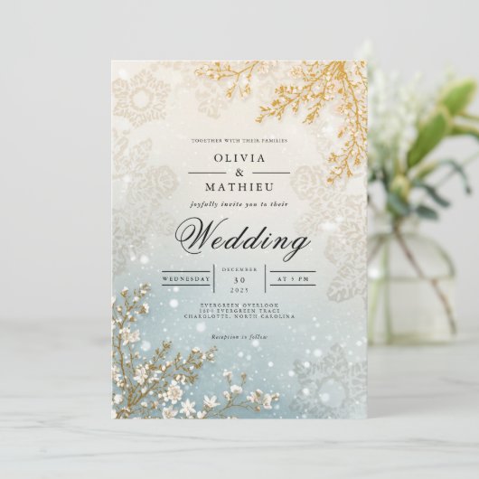 Frosted Bloom Winter Romance Wedding Kaart (Staand voorkant)