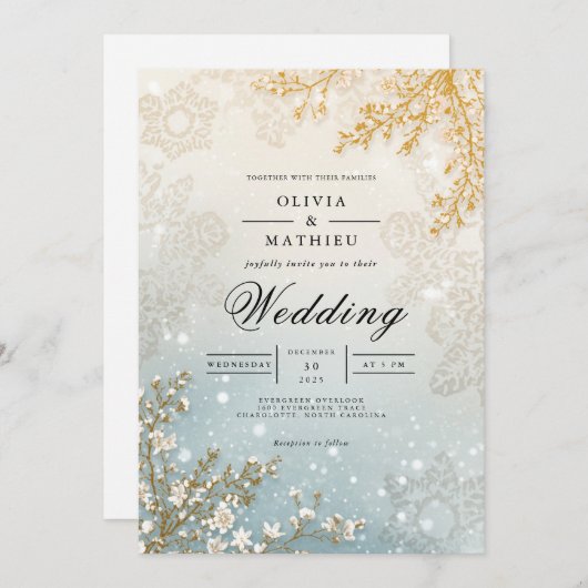 Frosted Bloom Winter Romance Wedding Kaart (Voorkant / Achterkant)