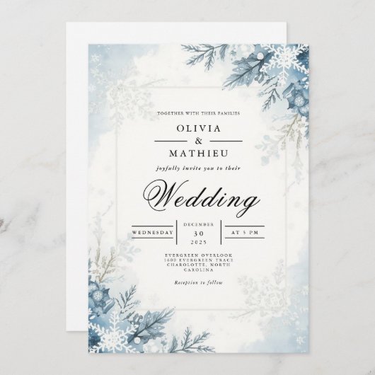 Frosted Bloom Winter Wedding Kaart (Voorkant / Achterkant)