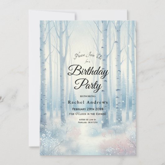  Frosted Blue Birch Forest Birthday Party Kaart (Voorkant)