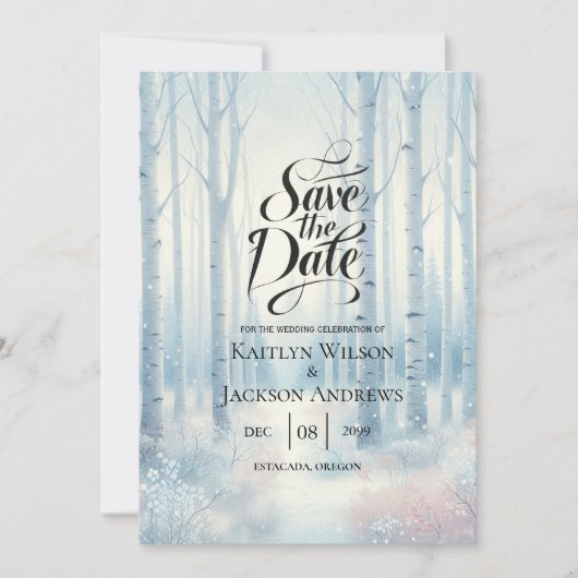 Frosted Blue Birch Forest bruiloft Save The Date (Voorkant)