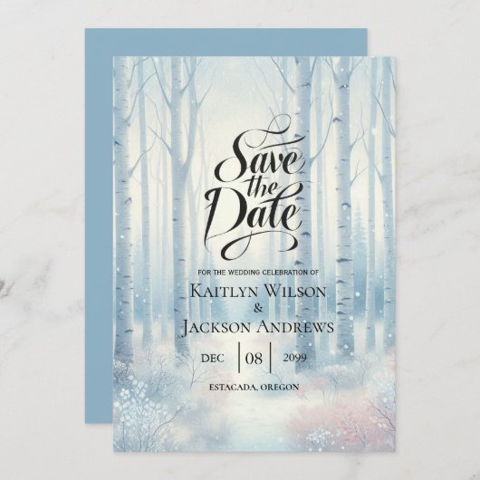 Frosted Blue Birch Forest bruiloft Save The Date (Voorkant / Achterkant)