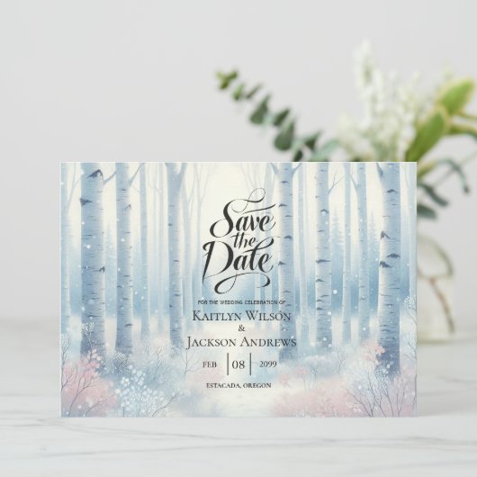 Frosted Blue Birch Forest bruiloft Save The Date (Staand voorkant)