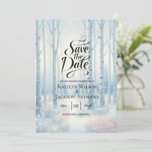 Frosted Blue Birch Forest bruiloft Save The Date (Staand voorkant)