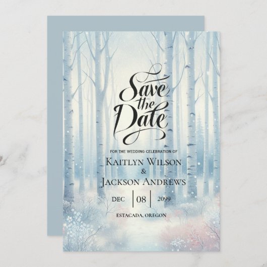 Frosted Blue Birch Forest bruiloft Save The Date (Voorkant / Achterkant)