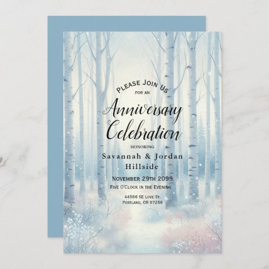Frosted Blue Birch Forest Jubileum Party Kaart (Voorkant / Achterkant)