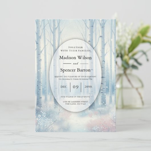 Frosted Blue Birch Forest Wedding Kaart (Staand voorkant)