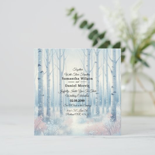 Frosted Blue Birch Forest Wedding Kaart (Staand voorkant)