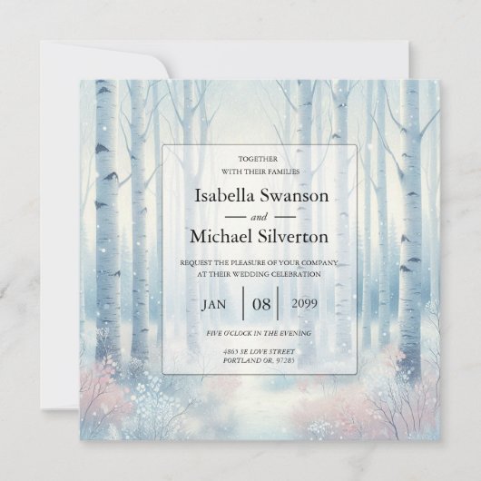 Frosted Blue Birch Forest Wedding Kaart (Voorkant)