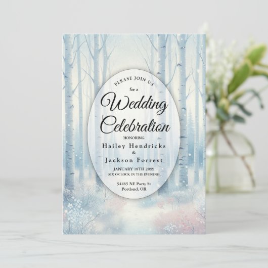 Frosted Blue Birch Forest Wedding Kaart (Staand voorkant)