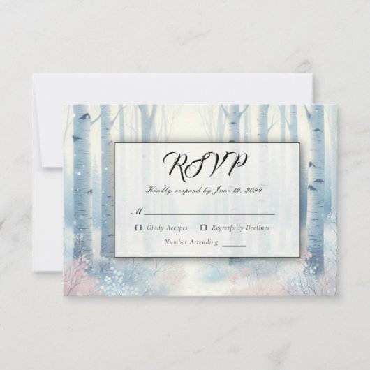 Frosted Blue Birch Forest Wedding RSVP Kaartje (Voorkant)