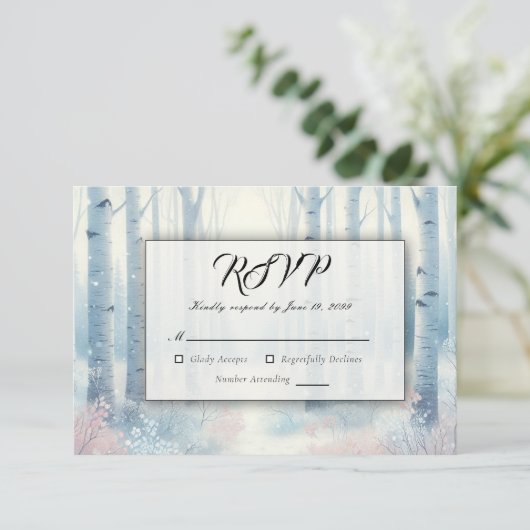 Frosted Blue Birch Forest Wedding RSVP Kaartje (Staand voorkant)