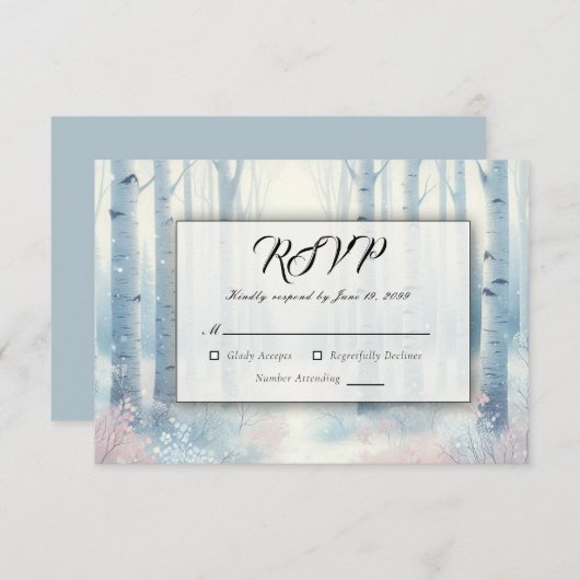 Frosted Blue Birch Forest Wedding RSVP Kaartje (Voorkant / Achterkant)