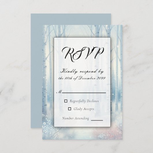 Frosted Blue Birch Forest Wedding RSVP Kaartje (Voorkant / Achterkant)
