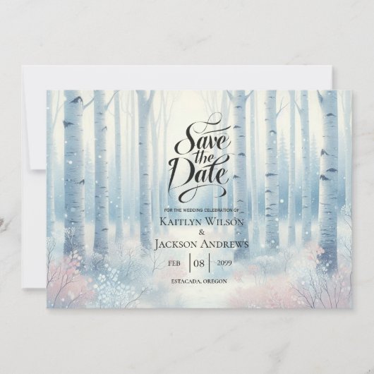 Frosted Blue Birch Forest Wedding Save The Date (Voorkant)