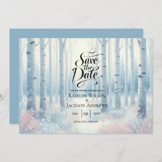 Frosted Blue Birch Forest Wedding Save The Date (Voorkant / Achterkant)