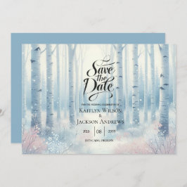 Frosted Blue Birch Forest Wedding Save The Date