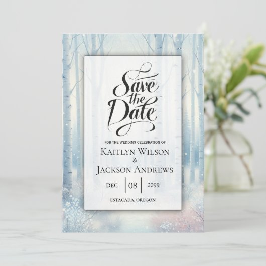 Frosted Blue Birch Forest Wedding Save The Date (Staand voorkant)