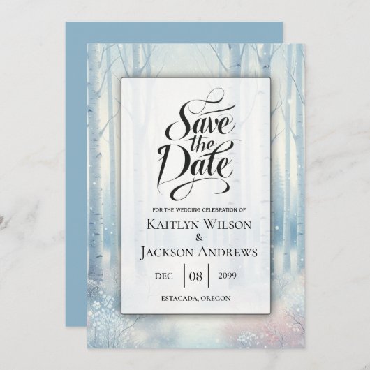 Frosted Blue Birch Forest Wedding Save The Date (Voorkant / Achterkant)