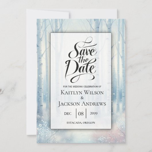Frosted Blue Birch Forest Wedding Save The Date (Voorkant)
