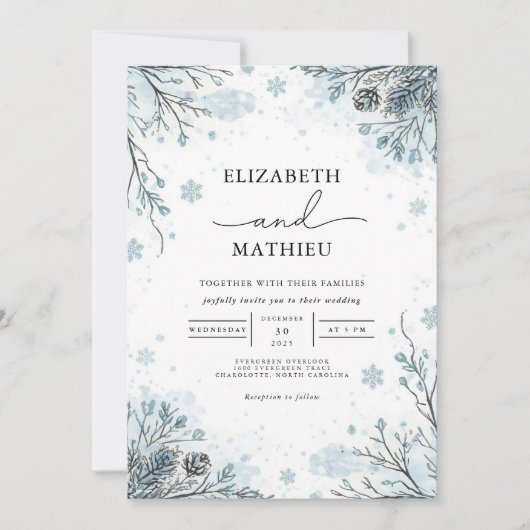 Frosted Blue Botanical Winter Wedding Kaart (Voorkant)