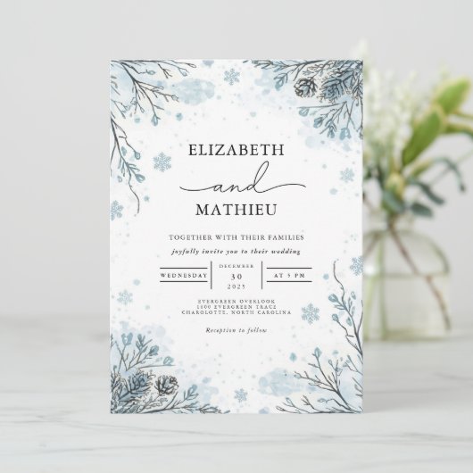 Frosted Blue Botanical Winter Wedding Kaart (Staand voorkant)