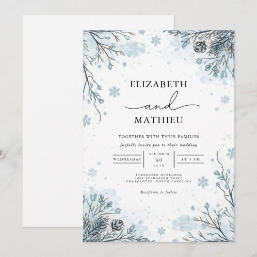 Frosted Blue Botanical Winter Wedding Kaart (Voorkant / Achterkant)