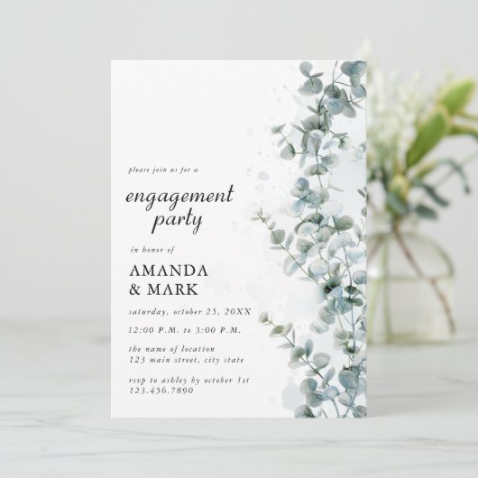 Frosted Blue Eucalyptus Winter Engagement Party Kaart (Staand voorkant)