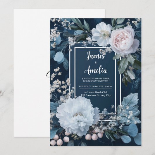 Frosted Blue Floral Wedding Kaart (Voorkant / Achterkant)