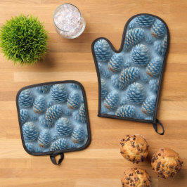 Frosted Blue Pinecones Ovenwant & Pannenlap Set