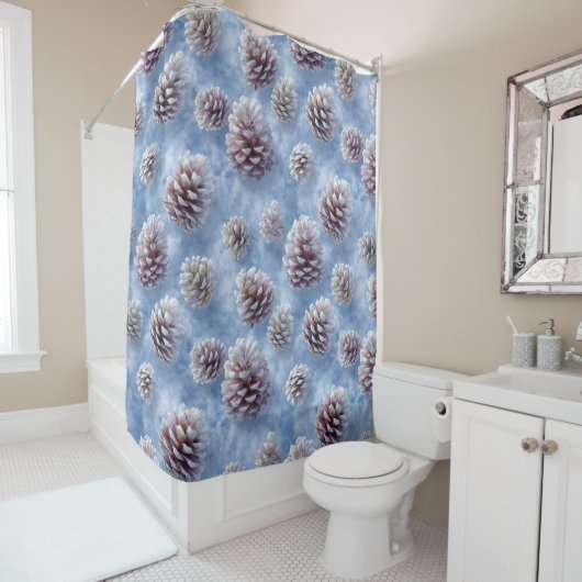 Frosted Blue Pinecones Pattern Worpillow Douchegordijn (In situ)