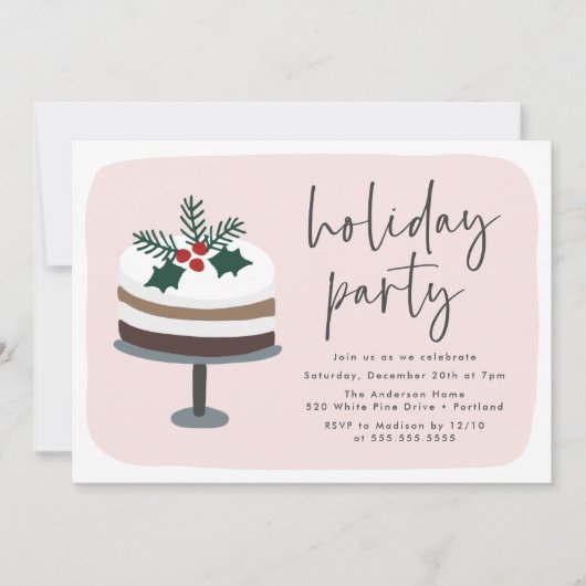 Frosted Cake with Holly Pink & Red Holiday Party Kaart (Voorkant)