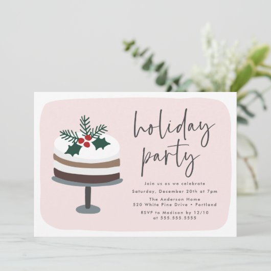 Frosted Cake with Holly Pink & Red Holiday Party Kaart (Staand voorkant)