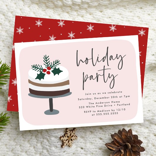 Frosted Cake with Holly Pink & Red Holiday Party Kaart