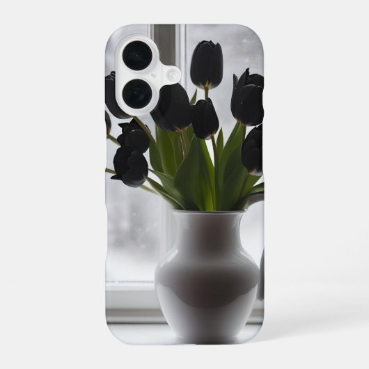 "Frosted Elegance: Black Tulips in a White Vase iPhone 16 Hoesje (Achterkant)