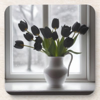 Frosted Elegance: zwarte tulpen in een witte vaas