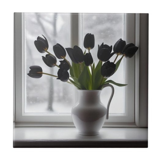 Frosted Elegance: zwarte tulpen in een witte vaas Tegeltje (Voorkant)