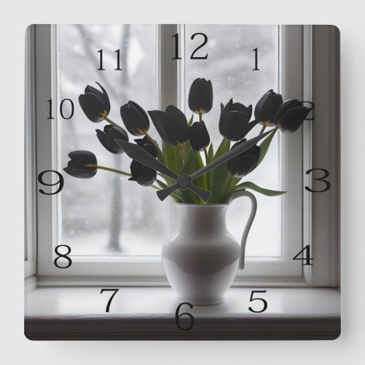 Frosted Elegance: zwarte tulpen in een witte vaas Vierkante Klok (Voorkant)