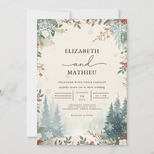 Frosted Evergreen Winter Wedding Kaart (Voorkant)