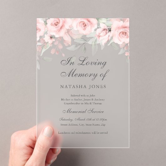 Frosted Floral Butterfly Pink Memorial Service Acryl Uitnodigingen (Insitu (Draagbaar))